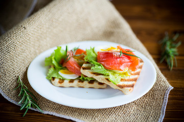 fried bread toast with salad leaves and salted red fish