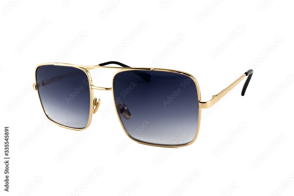 Poster black aviator sunglasses with gold frame isolated on white background, side view