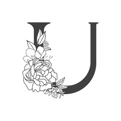 Vector flower alphabet. Floral design of letter U. Decoration of wedding invitations, cards, business cards of florists. Large delicate flowers in a line style