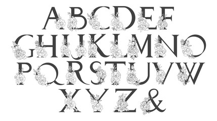 Vector flower alphabet. Floral design of letters. Decoration of wedding invitations, cards, business cards of florists. Large delicate flowers in a line style