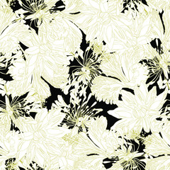 Seamless tropical pattern with leaves and exotic flowers.  Graphic vector background.