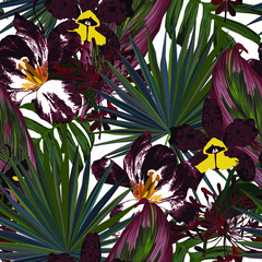 Floral seamless pattern with bright tropical leaves and exotic flowers. Abstract background texture. 