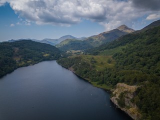 Fototapeta na wymiar Aerial view of Lake Llyn Gwynant, Snowdonia National Park Mountains, Gwynedd, Wales, UK