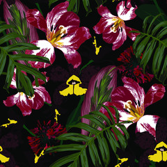 Floral seamless pattern with bright tropical leaves and exotic flowers. Abstract background texture. 