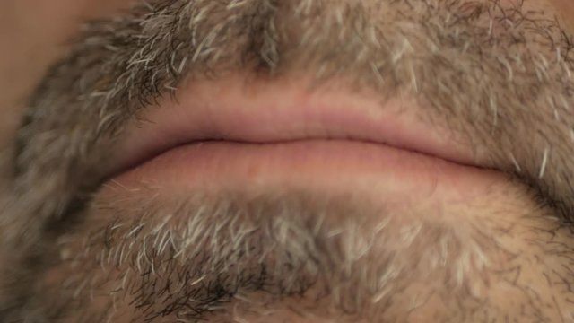 A man with a gray beard swallows a pill from the virus, coronavirus and makes a wry face. Super macro close-up.