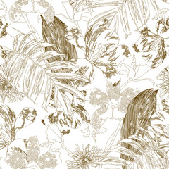 Seamless tropical pattern with leaves and exotic flowers.  Graphic vector background.