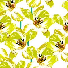 Floral seamless  pattern with yellow tulips. Abstract background texture.