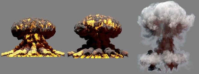 3D illustration of explosion - 3 large different phases fire mushroom cloud explosion of hydrogen bomb with smoke and flame isolated on grey background