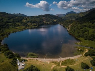 Aerial view of Lake Llyn Gwynant and Beach, Snowdonia National Park Mountains, Gwynedd, Wales, UK