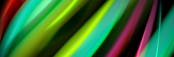 Silk and smooth flow wave poster design. Color waves, liquid style lines and shapes in black color background