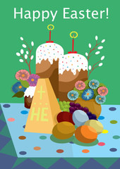 vector illustration of easter table, easter eggs, pasque, candles, easter treats, easter