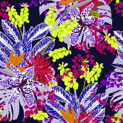 Floral seamless pattern with bright tropical leaves and exotic flowers. Abstract background texture. 