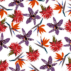 Floral seamless  pattern with bright  exotic flowers. Abstract background texture.