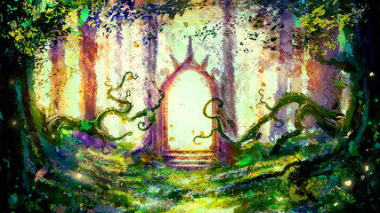 A beautiful magical forest with ancient ruins with braided roots and ivy, pleasant sunshine everywhere, green plants and leaf fall. 2d illustration