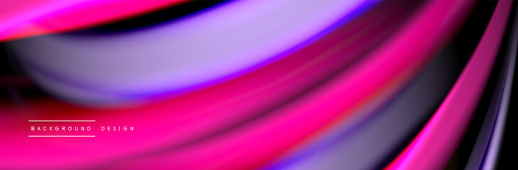 Silk and smooth flow wave poster design. Color waves, liquid style lines and shapes in black color background