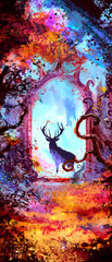 Fototapeta na wymiar The silhouette of a deer froze in the arch of ancient beautiful ruins, surrounded by bright colorful forest and filled with magic light. 2d illustration