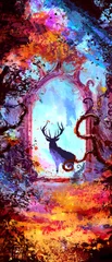  The silhouette of a deer froze in the arch of ancient beautiful ruins, surrounded by bright colorful forest and filled with magic light. 2d illustration © warmtail