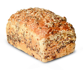 A whole loaf of bread with seeds on a white isolated background. Clipping path.