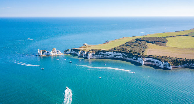 Aerial view of Old Harry Rocks Cliffs, Swanage, Studland, Dorset, UK