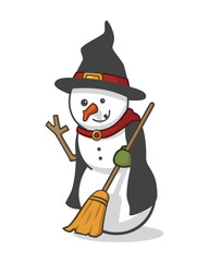 Funny vector drawing of a snowman disguised as a witch with a pointy hat, a crooked carrot nose, a broom, a cape and a branch for an arm. Drawn in a cute style with flat colors and isolated on white.
