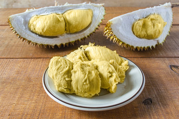 Natural fresh of king of fruits or durian. healty fruit with contains many nutrients that are good for the body. on wooden background