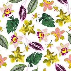 Floral seamless  pattern with bright tropical leaves and exotic flowers. Abstract background texture.