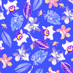 Floral seamless  pattern with bright tropical leaves and exotic flowers. Abstract background texture.