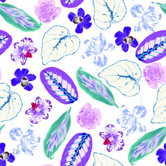 Floral seamless  pattern with bright tropical leaves and exotic flowers. Abstract background texture.