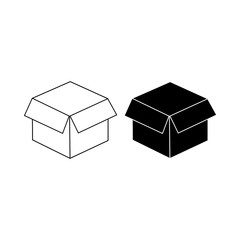 Open box icons for packaging or delivery and shipping, open package, unbox in black. Forbidden symbol simple on isolated white background. EPS 10 vector.