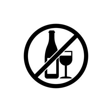 No drinking alcohol or no wine symbol icon flat in black. Forbidden symbol simple on isolated background. EPS 10 vector.