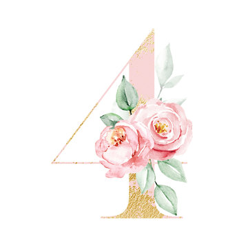 Number 4 gold  with watercolor flowers pink roses and leaf. Hand painting. Isolated on white background. 