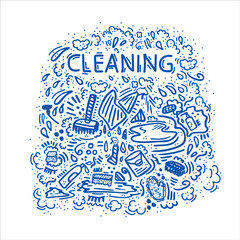 Quote Cleaning, inside the composition, hygiene promotion using, disinfection and washing in a flat style, sketch drawing. Brushes spray rags, spray in the composition created by hand in the style of