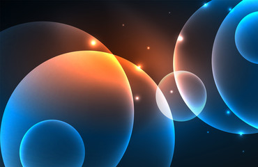 Neon shiny transparent glowing circles with light effects. Techno futuristic vector abstract background For Wallpaper, Banner, Background, Card, Book Illustration, landing page