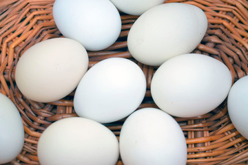 White chicken eggs in a wicker basket.