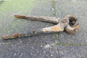 rusty nippers tool closup on street tiles