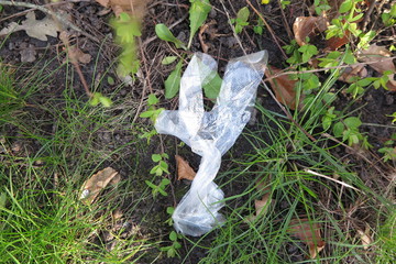 plastic litter glove in nature grassy forest floor