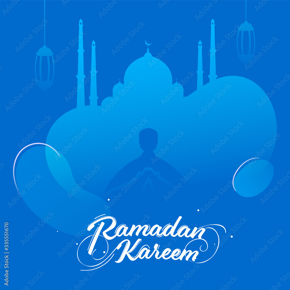 Sticker Islamic Holy Month of Ramadan Concept with Muslim Man Silhouette Offering Namaz, Hanging Lanterns, Mosque on Blue Background.