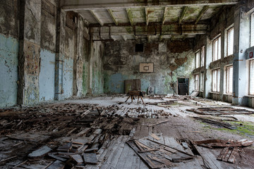 Fototapeta na wymiar Old abandoned gym in Chernobyl II (near Duga Radio Station)