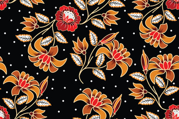 Seamless pattern with floral vector Illustration, fantasy batik motif