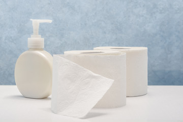 Personal hygiene products. Soap gel in a white plastic bottle and toilet paper in the bathroom.
