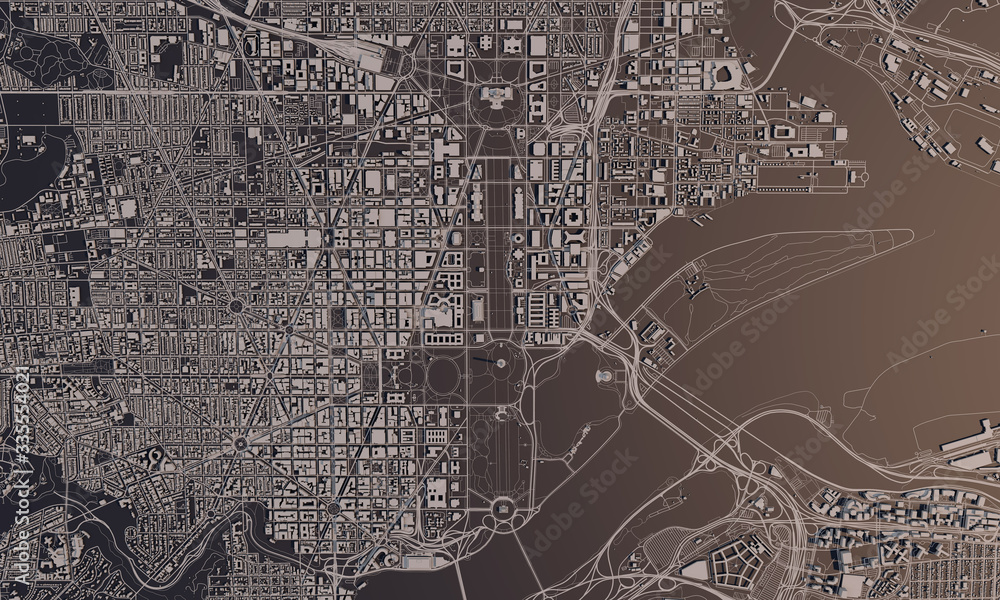 Wall mural washington dc city map 3d rendering. aerial satellite view. - Wall murals