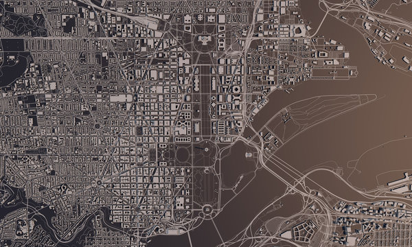 Washington DC City Map 3D Rendering. Aerial Satellite View.