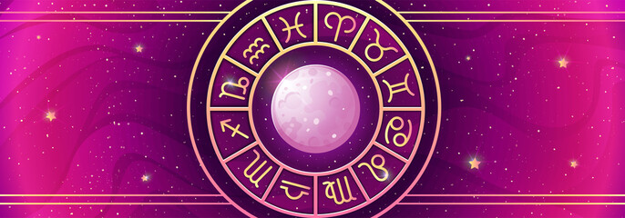 Zodiac symbols wheel banner. Astrological vector background