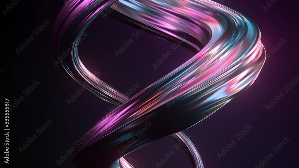 Poster 3d render of twisted shape made of chrome material. iridescent colorful reflections. loopable animat