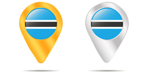 Map of pins with flag of Botswana. On a white background