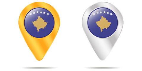 Map of pins with flag of Kosovo. On a white background