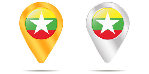 Map of pins with flag of Myanmar. On a white background. Vector