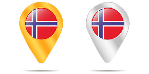 Map of pins with flag of Norway. On a white background