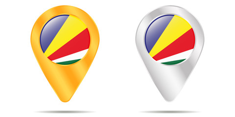 Map of pins with flag of Seychelles. On a white background