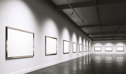 Modern art museum corner with many blank posters in frames.